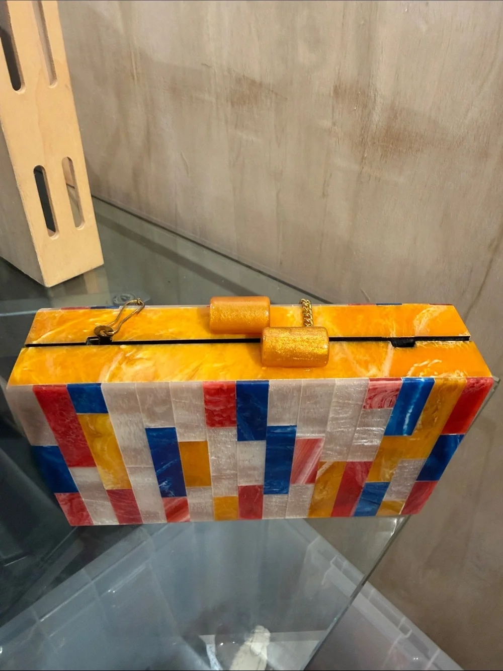 Multicolor Mosaic Acrylic Box Clutch - Yellow, Blue & Red